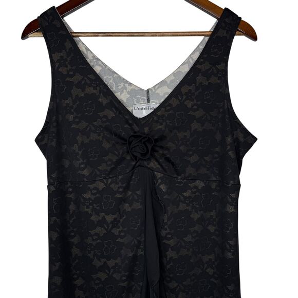 Vintage L’atelier Clientele Ruffle Dress Black Lace Print Mesh Overlay sz Large - Picture 2 of 7